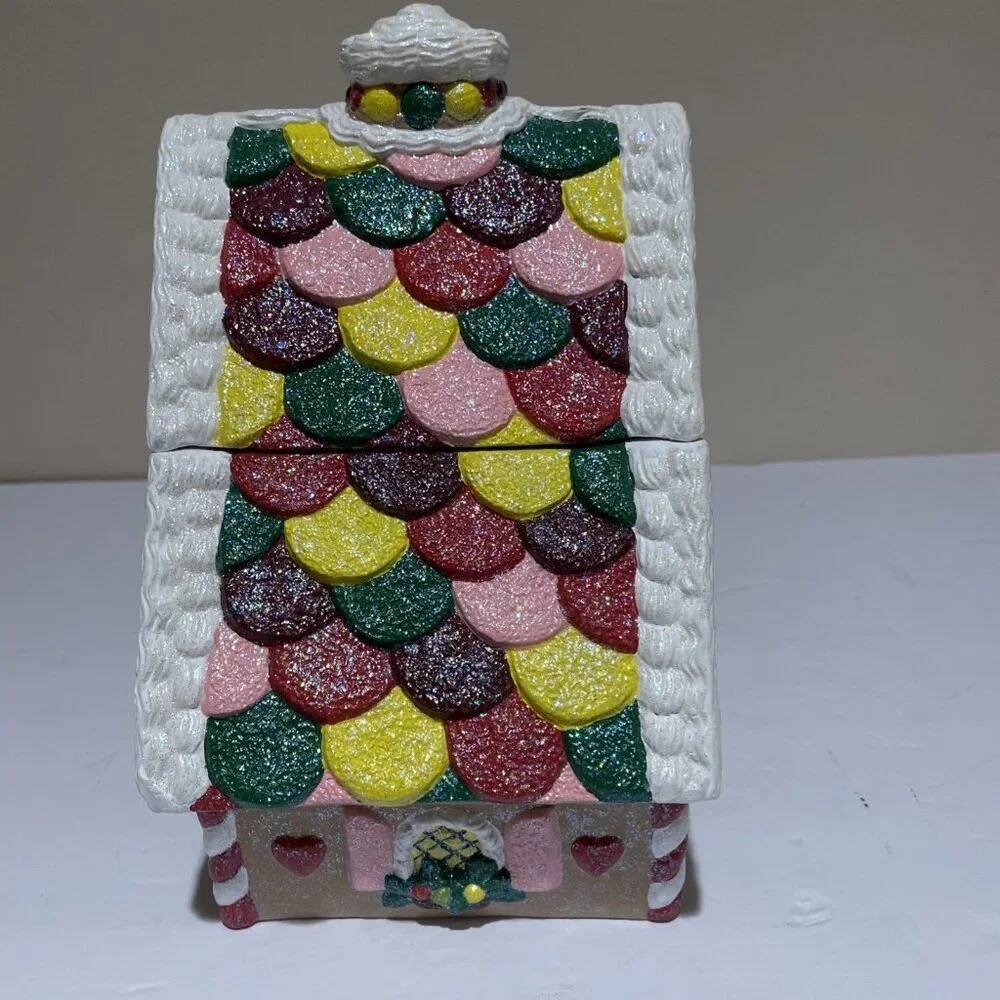 Vintage Handcrafted Gingerbread House Cookie Jar Canister Colorful Glitter 9